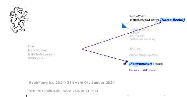 Oben rechts auf der Rechnung befinden sich die Angaben zum Bezirk  und die Fallnummer.