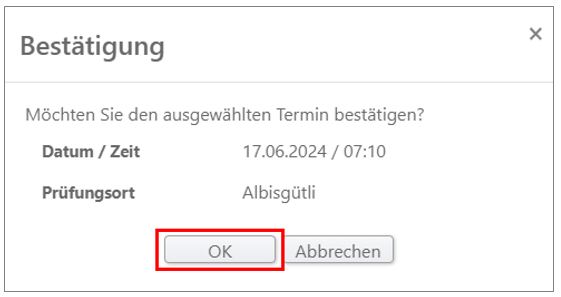 Printscreen des Terminplaners. Er zeigt das Bestätigungsbutton bei der Terminbuchung.
