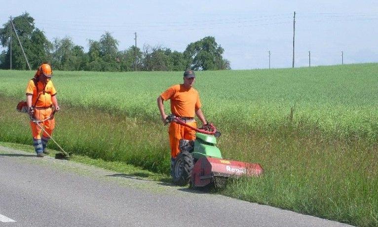 Zwei TBA-Mitarbeitende beim Mähen einer Grünfläche entlang einer Strasse