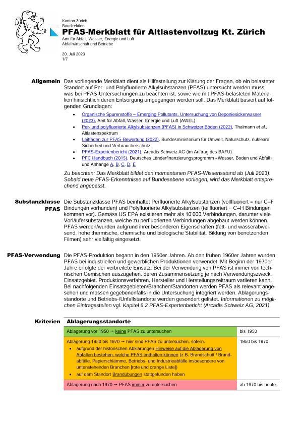 PFAS-Merkblatt für Altlastenvollzug Kt. Zürich